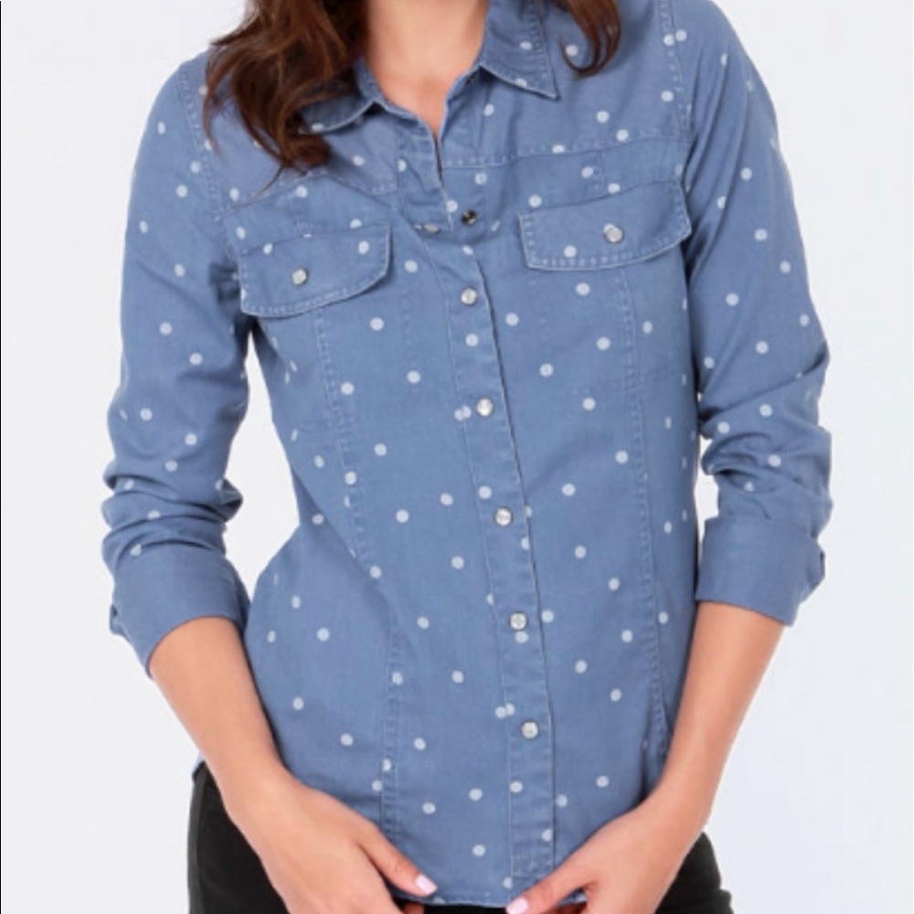 Roxy Distressed Chambray Polka Dot Button Down